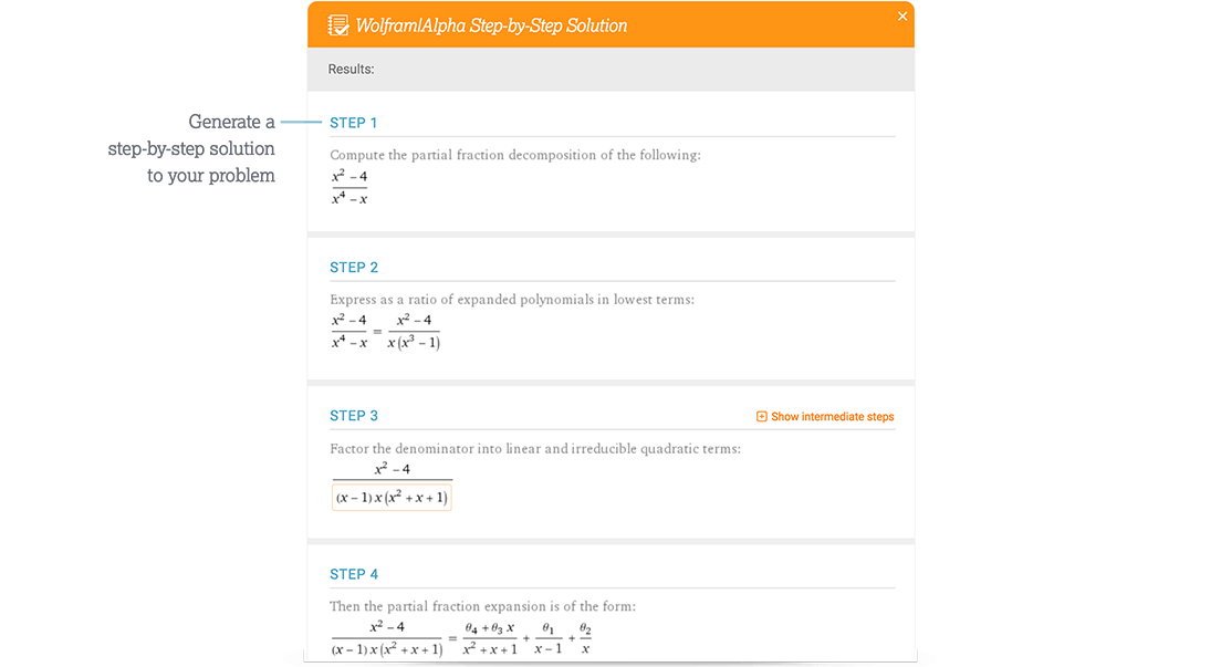 Step-by-step solutions for partial fraction decomposition with informative hints, intermediate steps and unlimited Wolfram Problem Generator practice problems