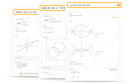 System of equations results with plots, alternate forms and solutions